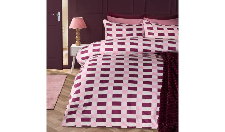 OHS Checkerboard Microfibre Duvet Cover Set Burgiundy/Pink - Double