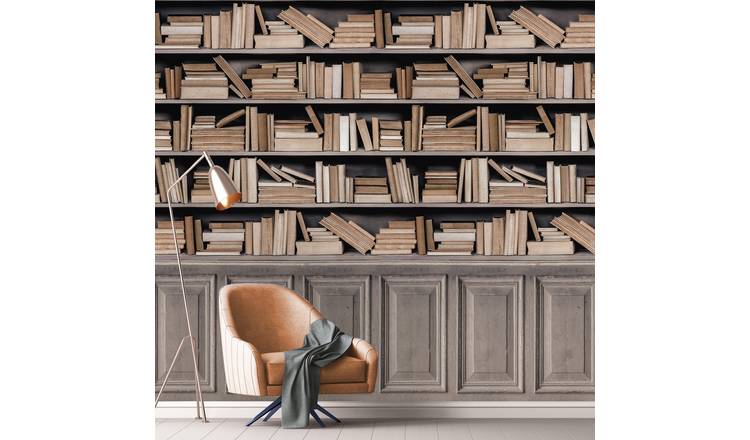 Grandeco Library Shelves 3 Lane Repeatable Wallpaper Mural   - Taupe