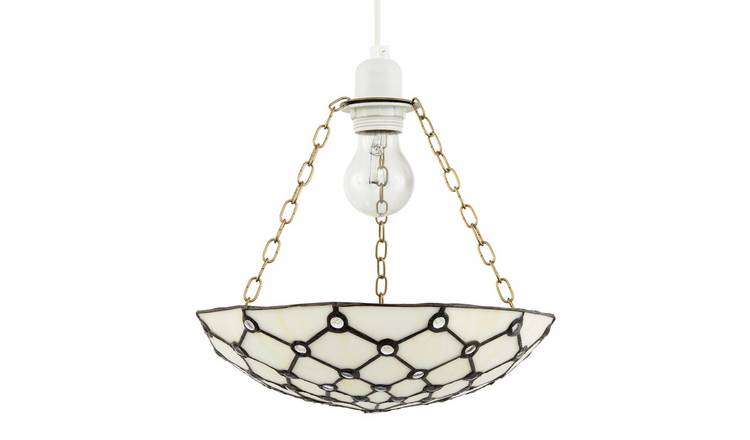Happy Homewares White Toned and Clear Beaded Tiffany Glass Pendant Shade - 30cm