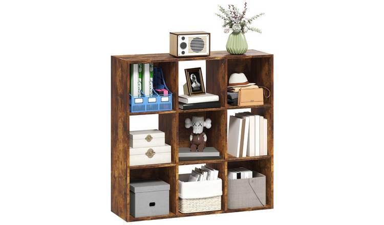 HOMCOM 3 Tier 9 Cubes Storage Bookcase - Rustic Brown