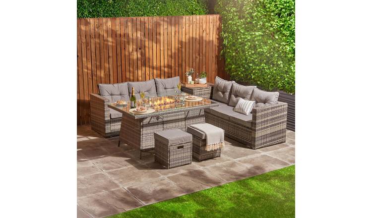 Home Treats 8 Seater Rattan Furniture Set With Fire Pit