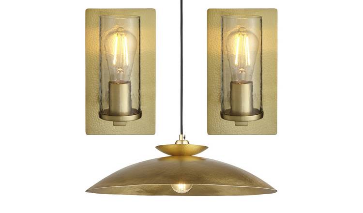 Loops Direct Steel Pendant and Wall Lights Set - Hammered Brass
