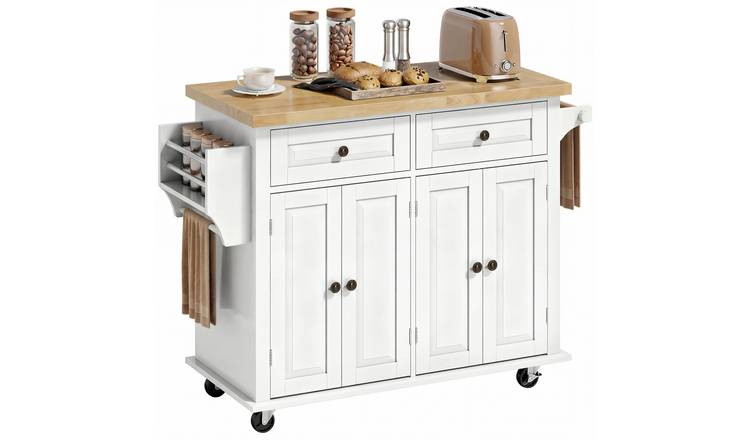 HOMCOM Adjustable Shelves Kitchen Island with Rubberwood Top and Towel - Cream