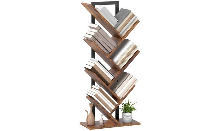 HOMCOM 7 Tier Industrial Freestanding Tree Bookcase - Rustic Brown