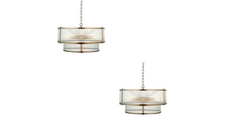 Loops Direct Set of 2 Antique Brass Pendant Light - Clear Ribbed Glass