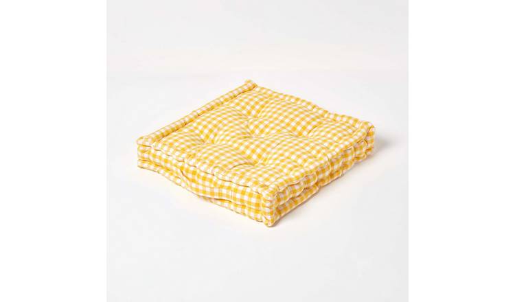 Homescapes Gingham Check Cotton Floor Cushion - 40 x 40 cm - Yellow