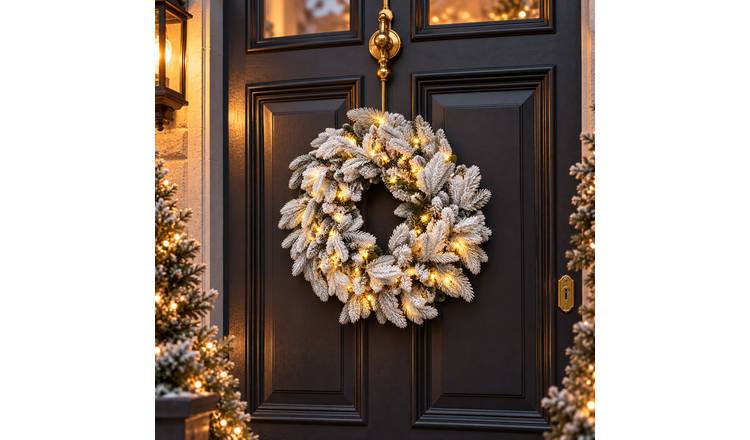 Neo Pre-Lit Snow Flocked Christmas Wreath with Warm White LED Lights