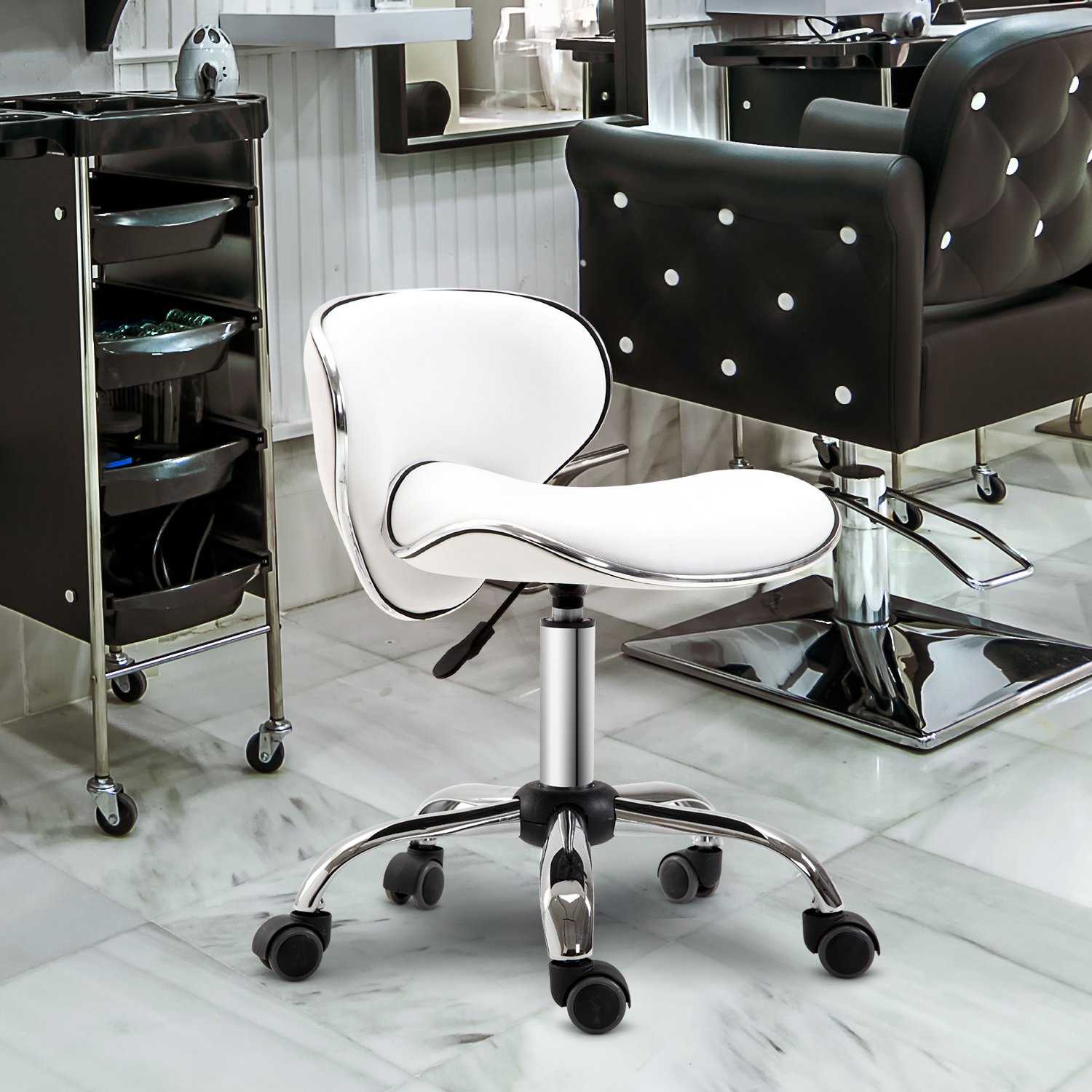 HOMCOM Adjustable Rolling Swivel Beauty Salon Chair - White - Image 3