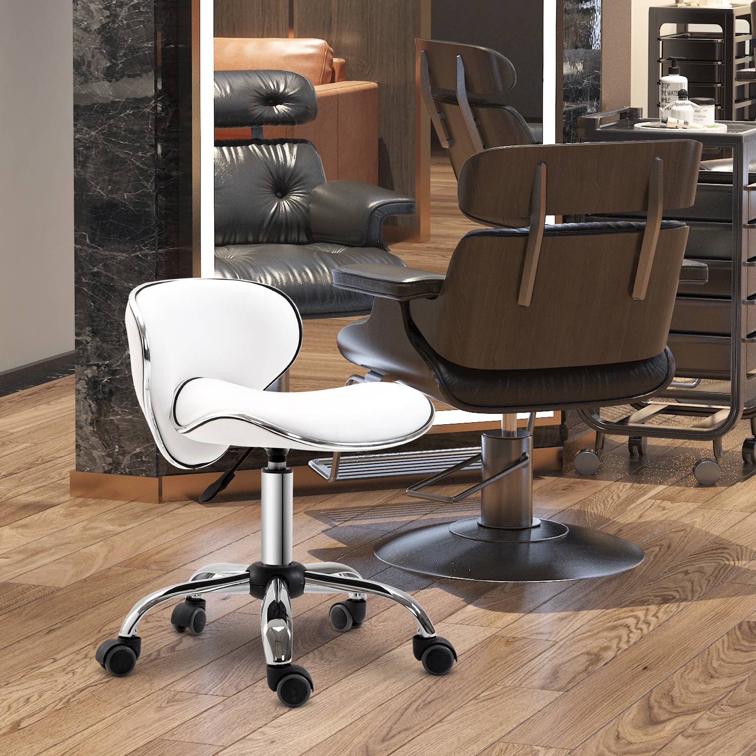 HOMCOM Adjustable Rolling Swivel Beauty Salon Chair - White - Image 4