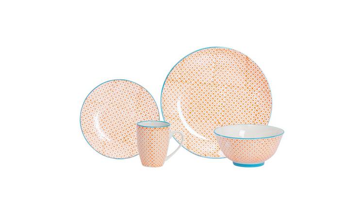 Nicola Spring 24 Piece Hand-Printed Dinner Set - Orange