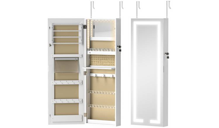 HOMCOM Lockable Jewellery Cabinet with LED Mirror and Storage - White