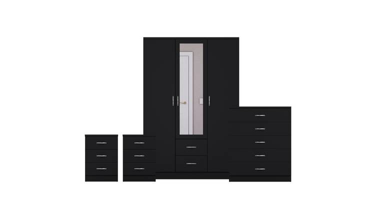 Vida Designs Riano Bedroom Set (Bedsides, 5 Drawer Chest, Mirror Wardrobe)-Black