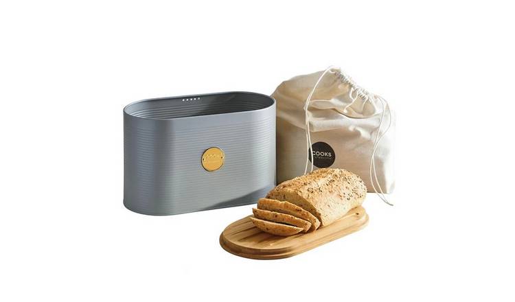 Cooks Professional Bread Bin, Linen Bag and Bamboo Board Set - Grey / Gold
