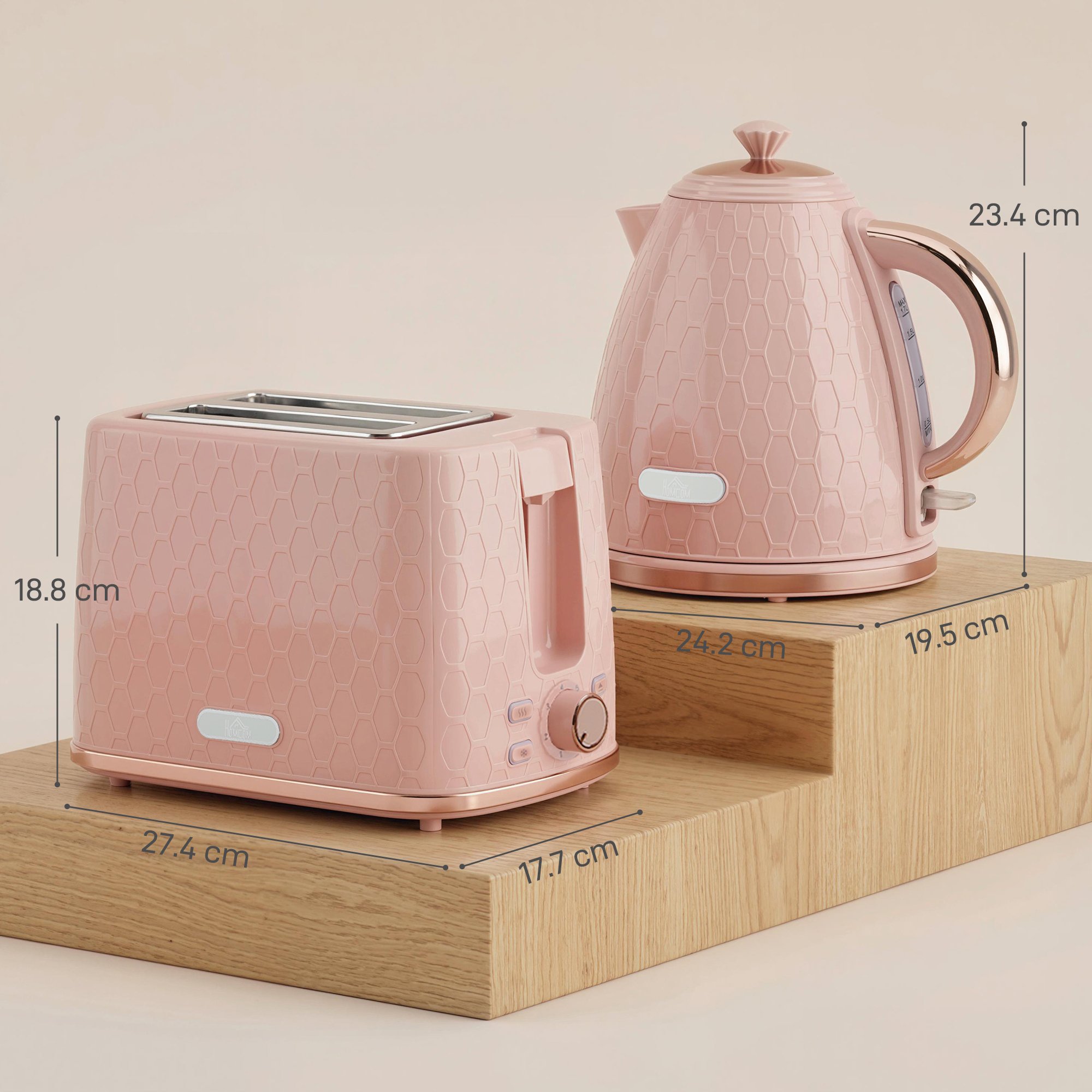 HOMCOM Kettle and 2 Slice Toaster Set with Auto Shut Off - Light Pink - Image 3