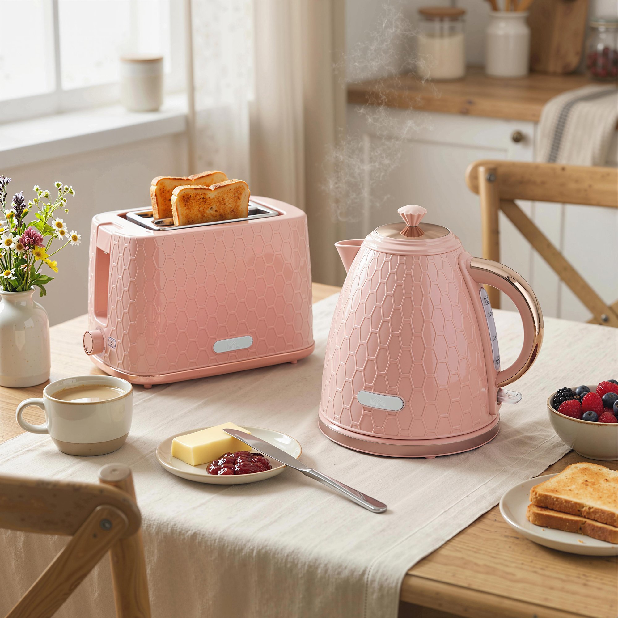 HOMCOM Kettle and 2 Slice Toaster Set with Auto Shut Off - Light Pink - Image 4