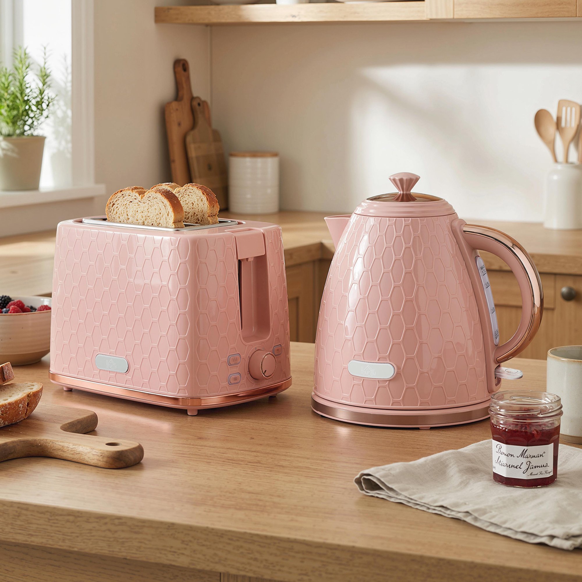HOMCOM Kettle and 2 Slice Toaster Set with Auto Shut Off - Light Pink - Image 6