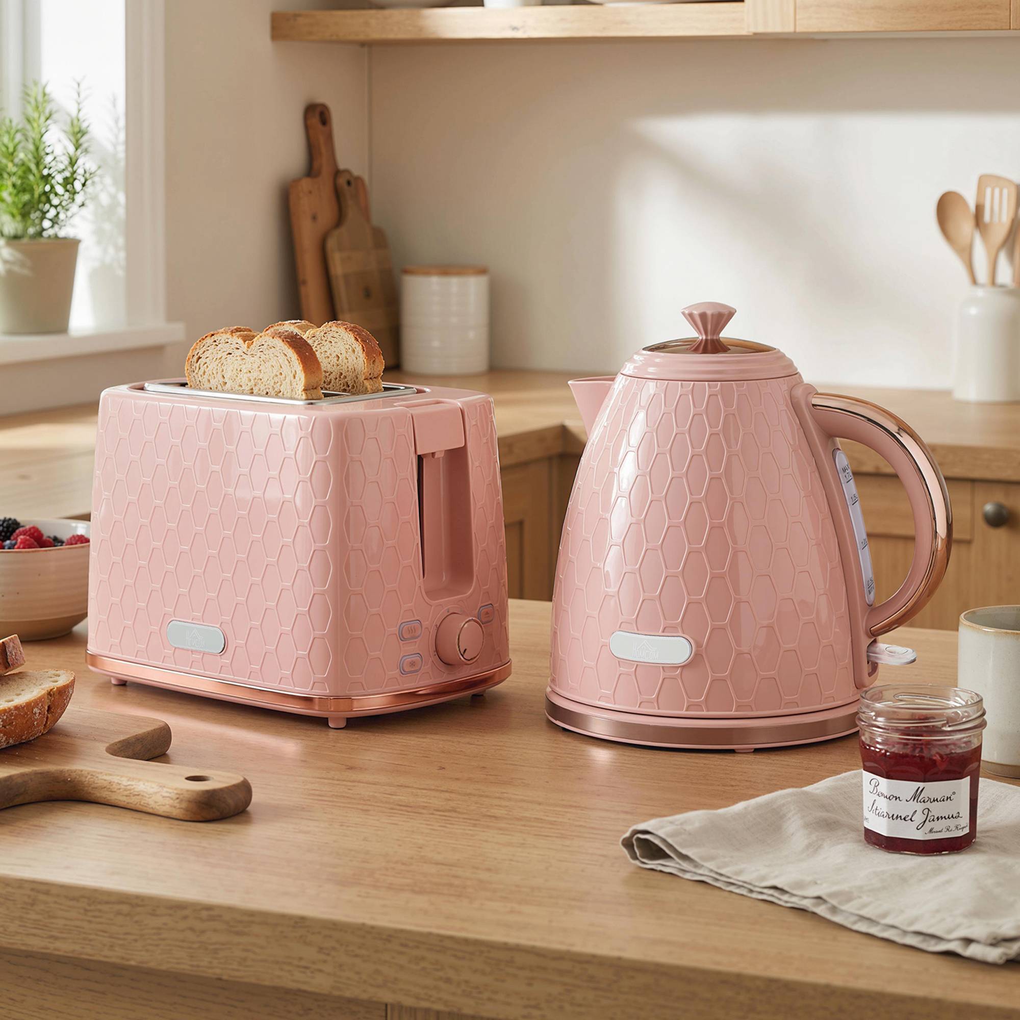 HOMCOM Kettle and 2 Slice Toaster Set with Auto Shut Off - Light Pink - Image 6