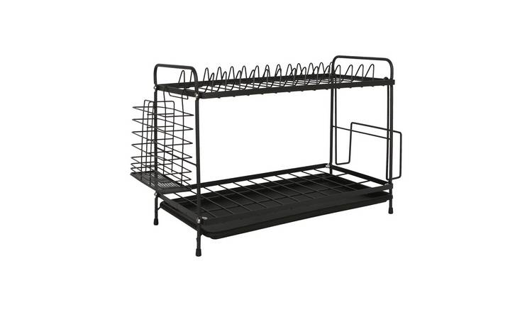 Harbour Housewares Metal 2-Tier Dish Drainer Rack with Drip Tray - Black
