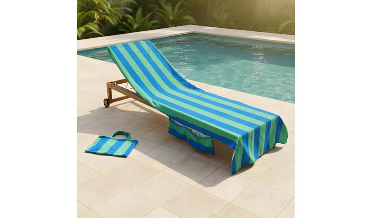 OHS Stripe Microfibre Beach Towel in a Bag - Blue/Green