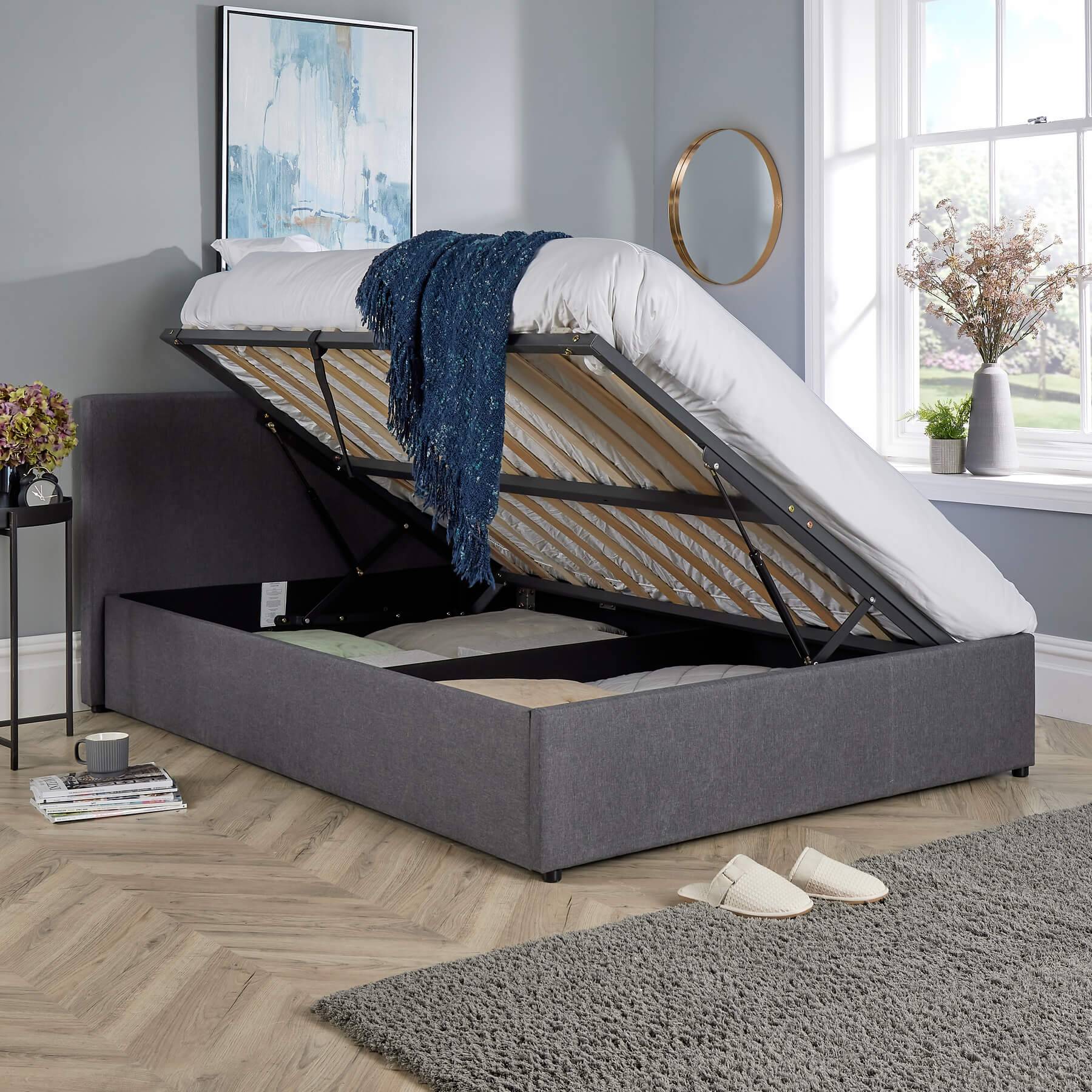 Home Source Horizon Side Lift Ottoman Storage Double Bed - Grey - Image 2