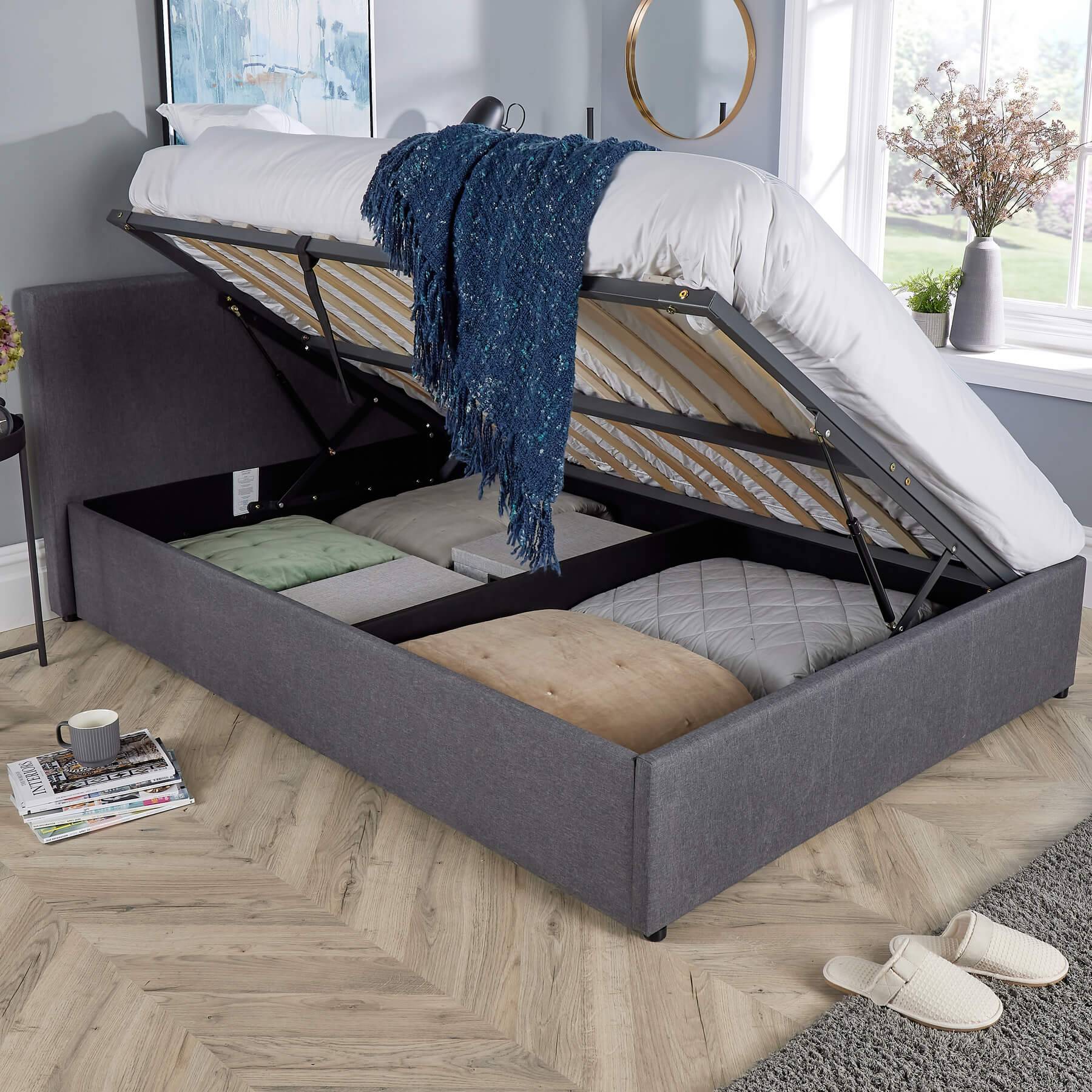 Home Source Horizon Side Lift Ottoman Storage Double Bed - Grey - Image 4
