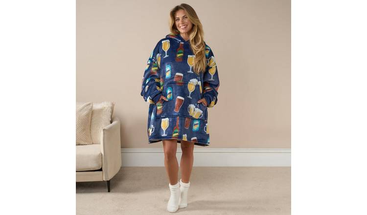 OHS Beer Pint Print Hoodie Blanket - One Size - Navy