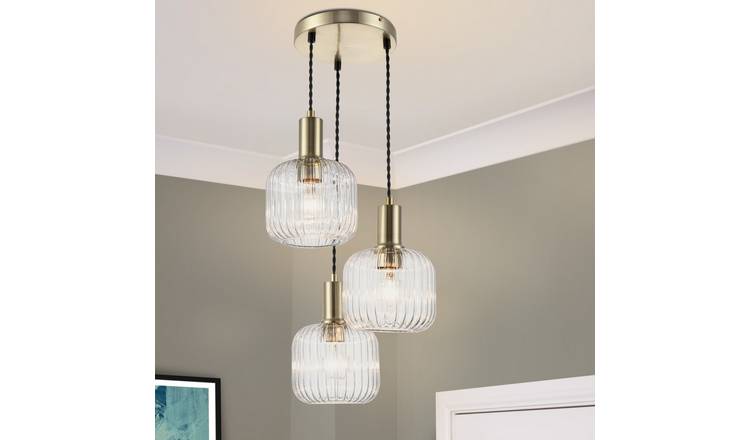 Cosylyte Maple 3 Light Modern Ribbed Glass Cluster Pendant Light - Brushed Brass