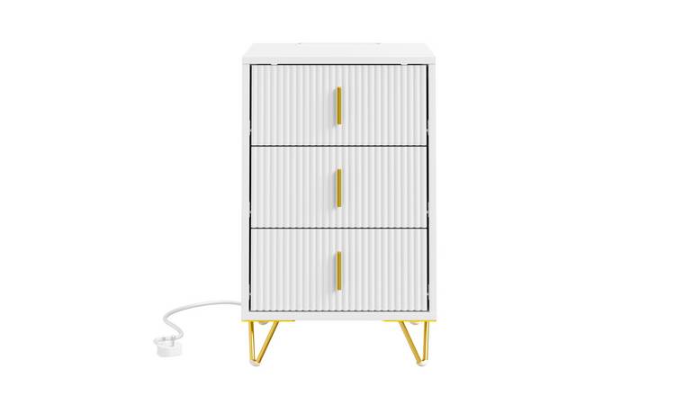 SoBuy 3 Drawer Slim Bedside Table with Gold Metal Legs - White
