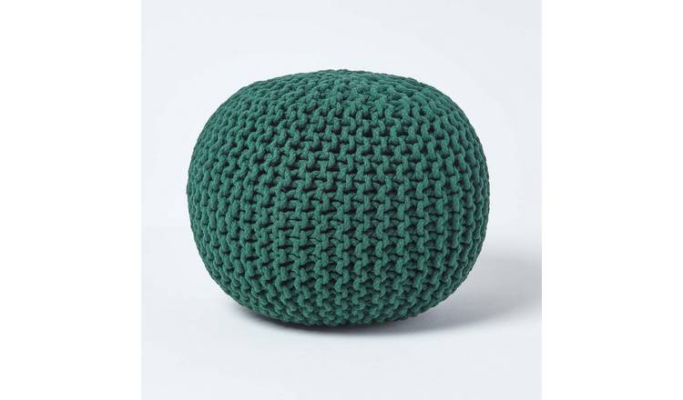 Homescapes Round Cotton Knitted Pouffe Footstool – Forest Green
