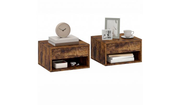 HOMCOM Set of 2 Floating Bedside Tables with Drawer and Shelf - Rustic Brown