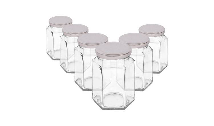 Argon Tableware Hexagonal Glass Jam Jars with Silver Lids - Pack of 6