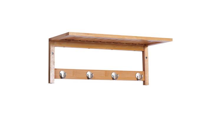 HOMCOM 4 Hook Rail Wall Mounted Coat Rack with Storage Shelf – Natural