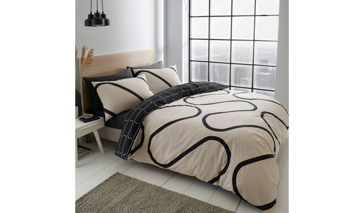 Catherine Lansfield Linear Curve Geometric Duvet Cover Set - King - Black