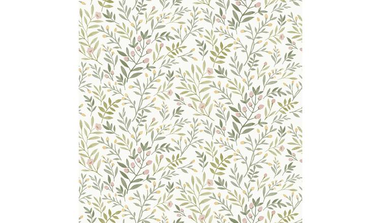 Grandeco Inia Leafy Trail Foliage and Flowers Textured Wallpaper - Sage Pink