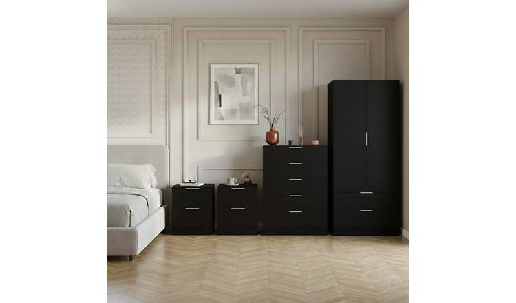 Vida Designs Trega Bedroom Set (Bedsides, 5 Drawer Chest, 2x2 Wardrobe) - Black