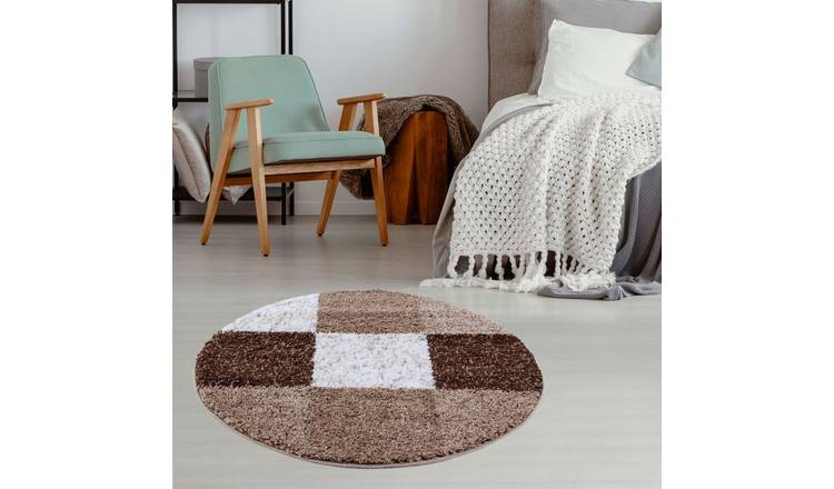 The Rugs Brown Myshaggy Checkered Round Shaggy Rug - 120cm
