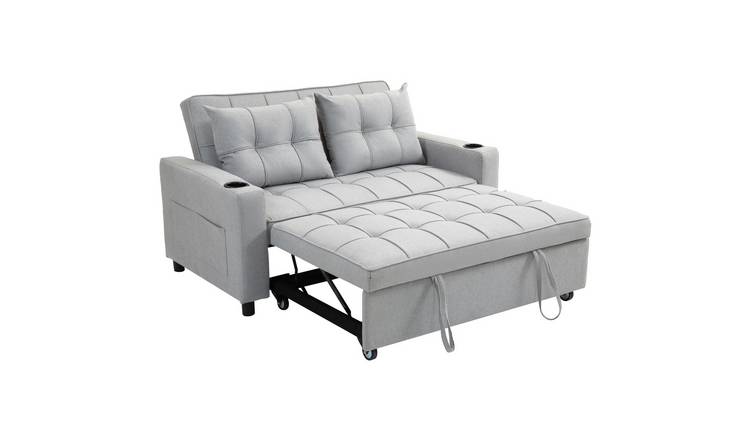 HOMCOM 3 in 1 2 Seater Fabric Adjustable Sofa Bed with Cup Holder - Light Grey