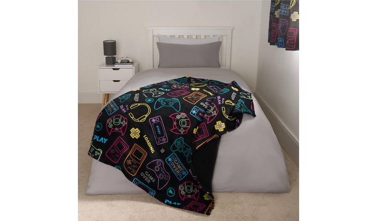 OHS Kids Gaming Print Blanket Throw 100 x 120cm - Black
