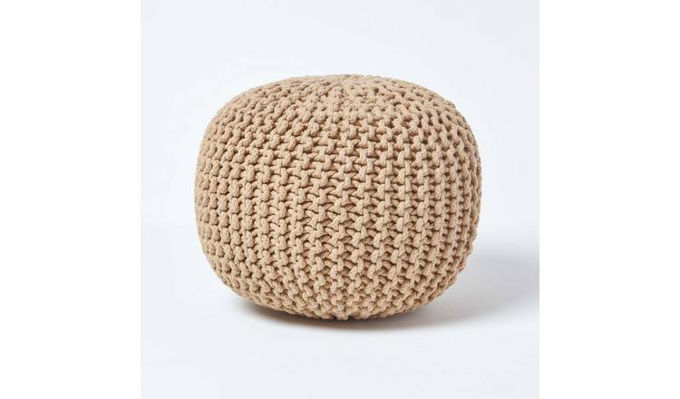 Homescapes Round Cotton Knitted Pouffe Footstool – Linen