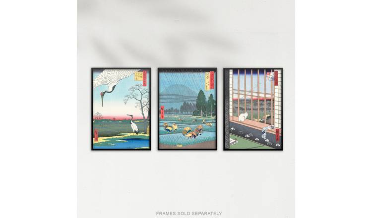Hiroshige Ricefields Green Blue Japanese Set Of 3 Wall Art Poster Pack - A4