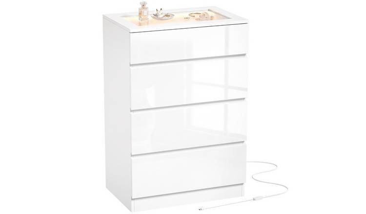 HOMCOM 4 Drawer High Gloss Tempered Glass Top Chest of Drawers - White