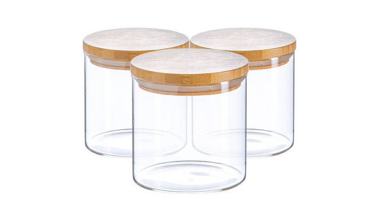 Argon Tableware Scandi Glass Storage Jars with Wooden Lids- Pack of 3