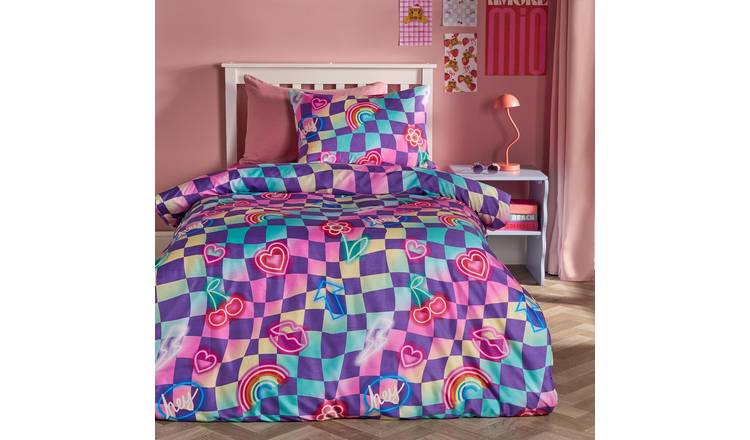 OHS Kids Neon Checkerboard Bedding Set Duvet Cover Set Multi - Single