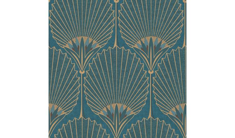 Grandeco Art Deco Nile Palm Textured Wallpaper - Blue Gold