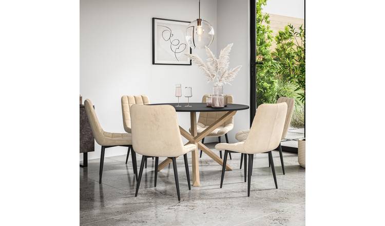 Furniture Online Malvern Nova Black Top Dining Table & 6 Beige Chairs