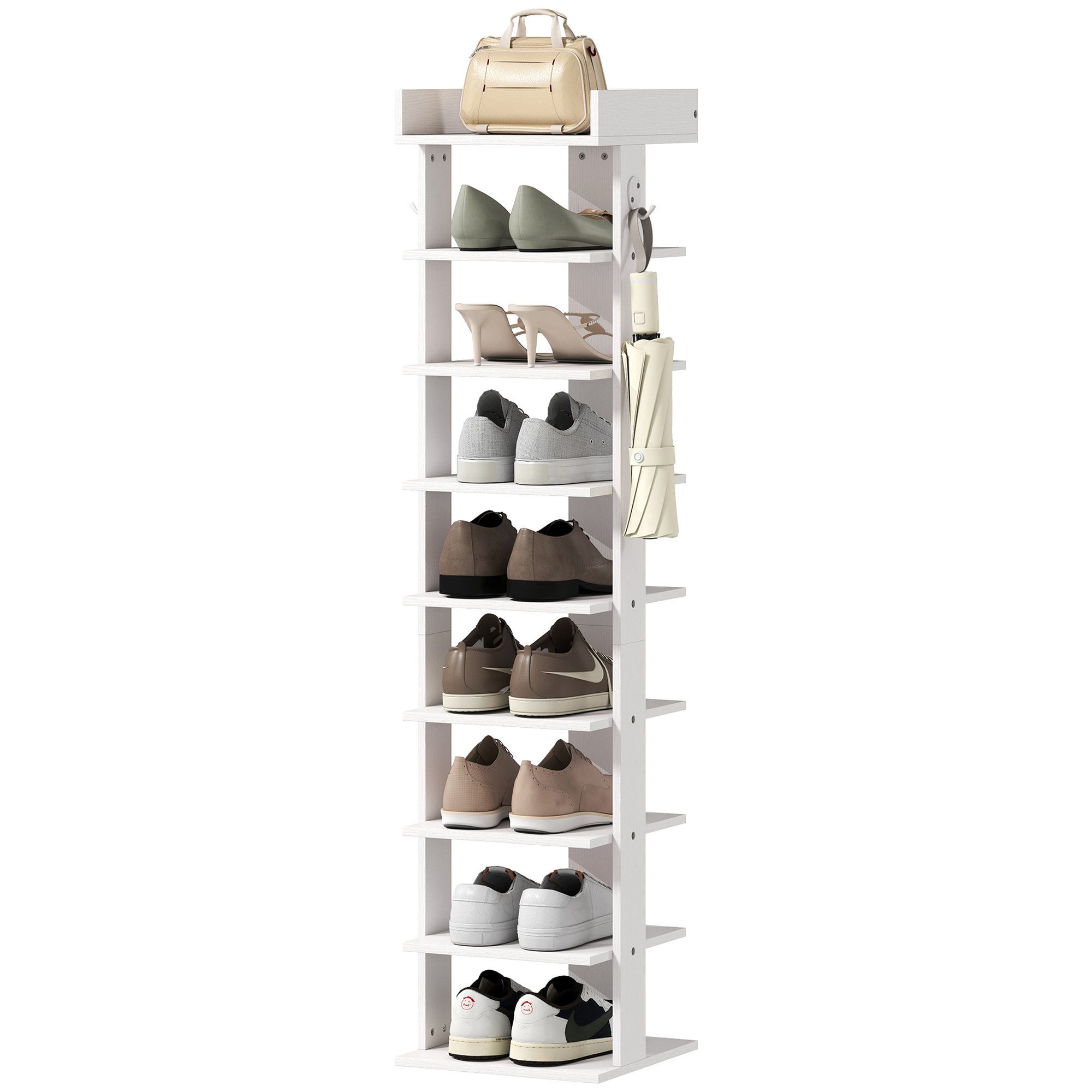 HOMCOM 9 Tier Particleboard Shoe Rack with Top Tray and Guardrail - White - Image 2