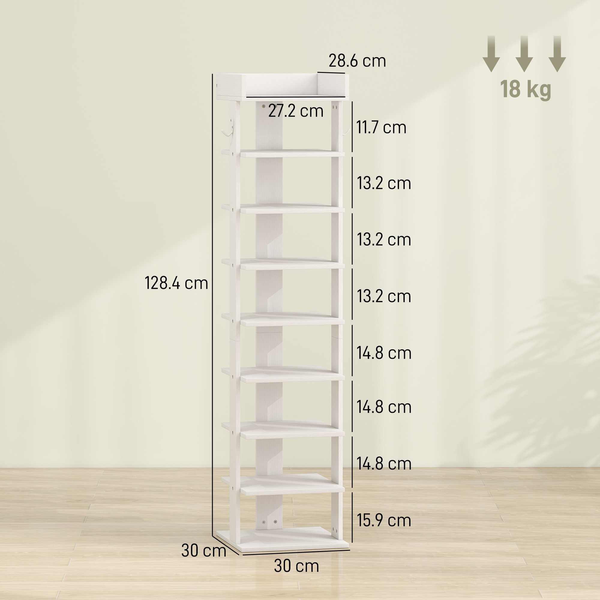 HOMCOM 9 Tier Particleboard Shoe Rack with Top Tray and Guardrail - White - Image 3