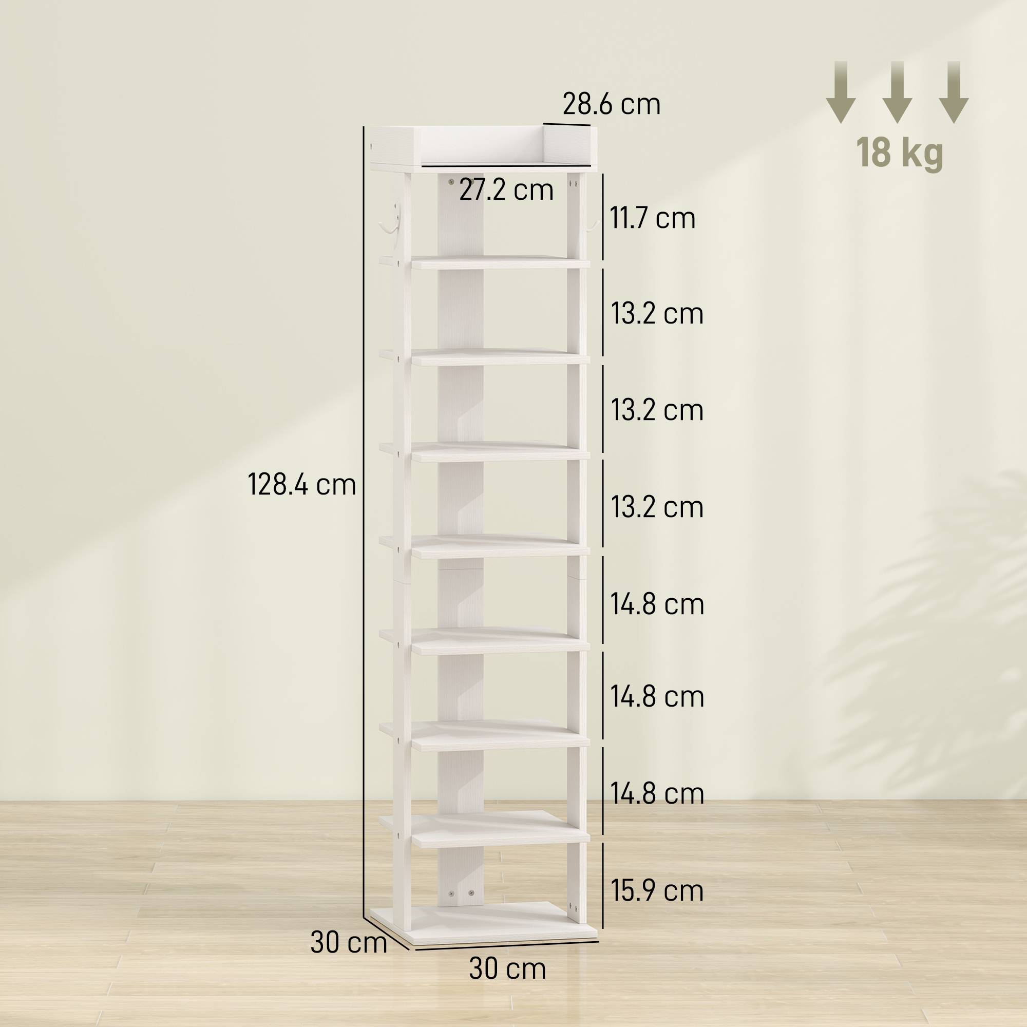 HOMCOM 9 Tier Particleboard Shoe Rack with Top Tray and Guardrail - White - Image 3