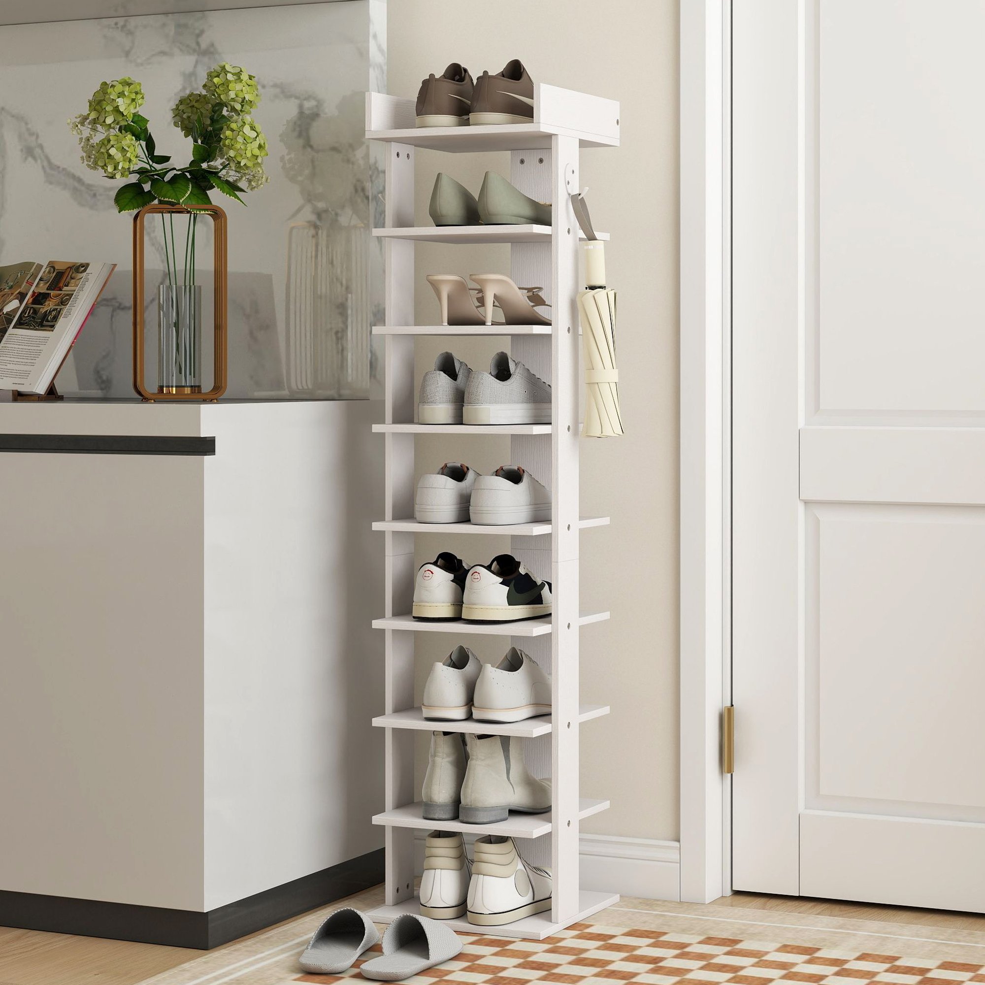 HOMCOM 9 Tier Particleboard Shoe Rack with Top Tray and Guardrail - White - Image 4