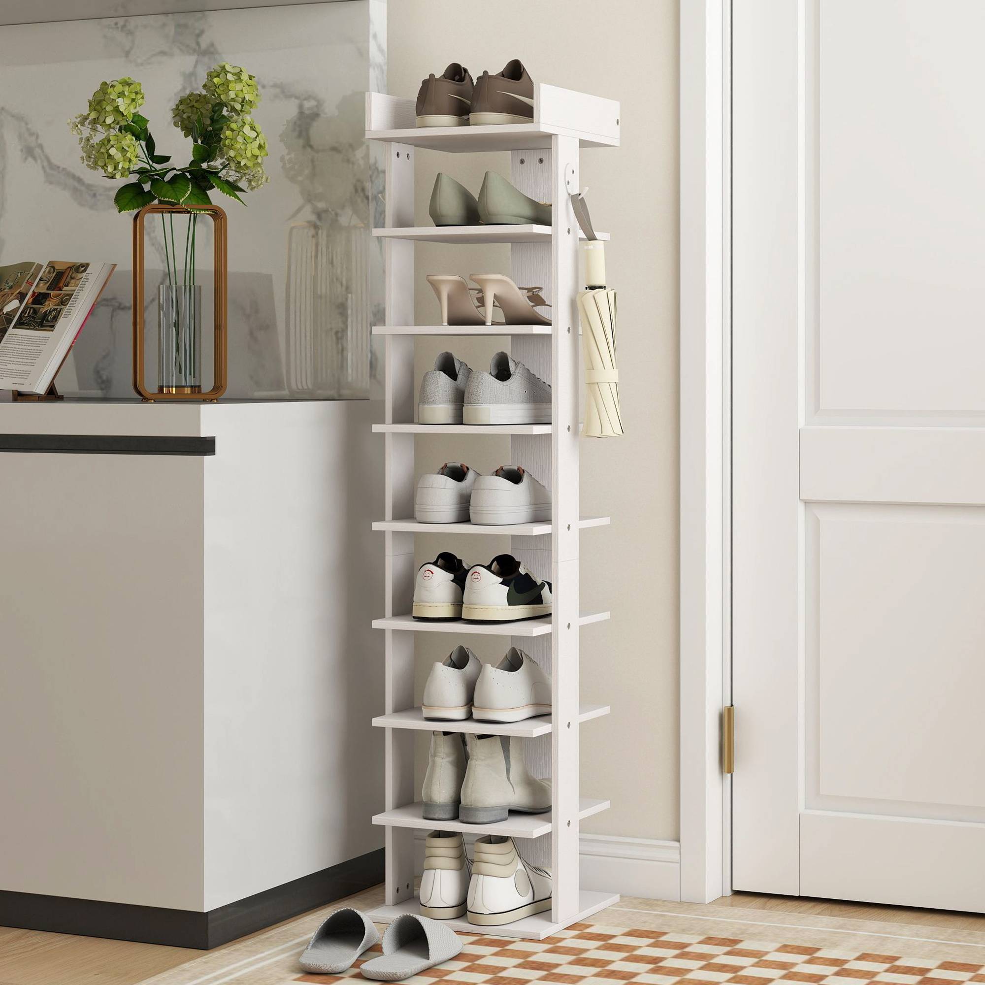 HOMCOM 9 Tier Particleboard Shoe Rack with Top Tray and Guardrail - White - Image 4